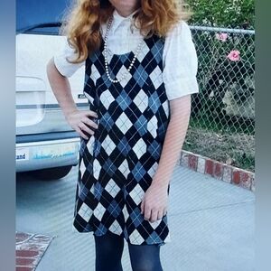 Vintage 90s Argyle Jumper Mini Dress in Black & Gray Clueless Preppy Academia